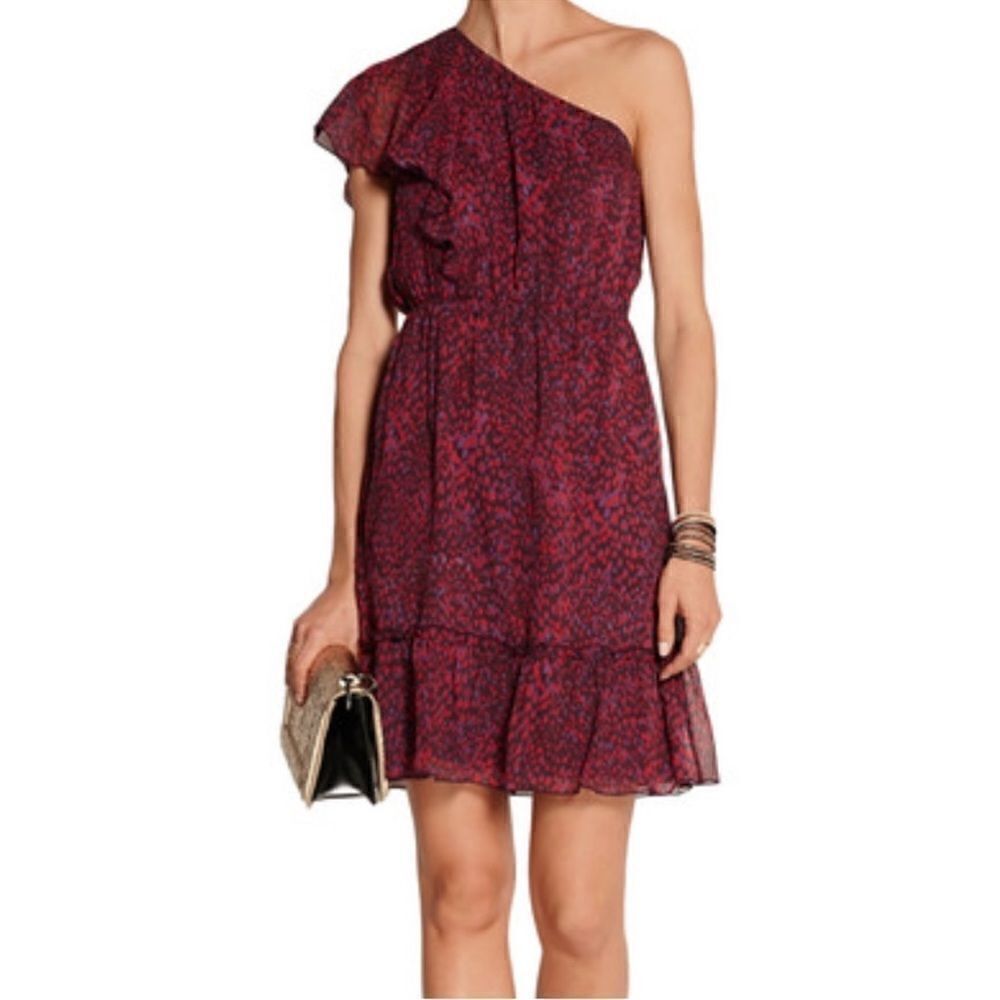 Anna Sui Purple and Red Animal Print One Shoulder Mini Dress 100% Silk Size 4